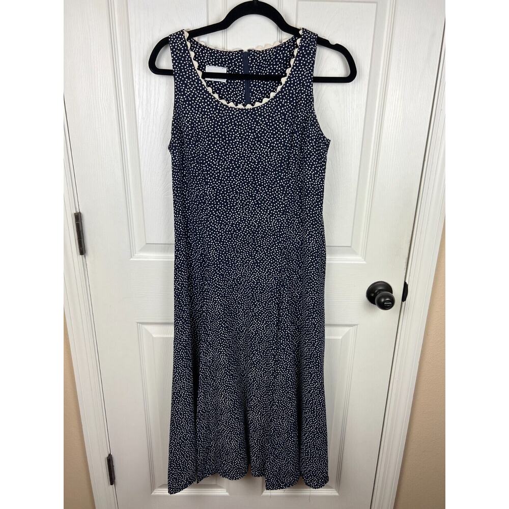 Vintage Midi Tie Back Blue White Polka Dot Sleeveless Dress Small 4 Trim Collar